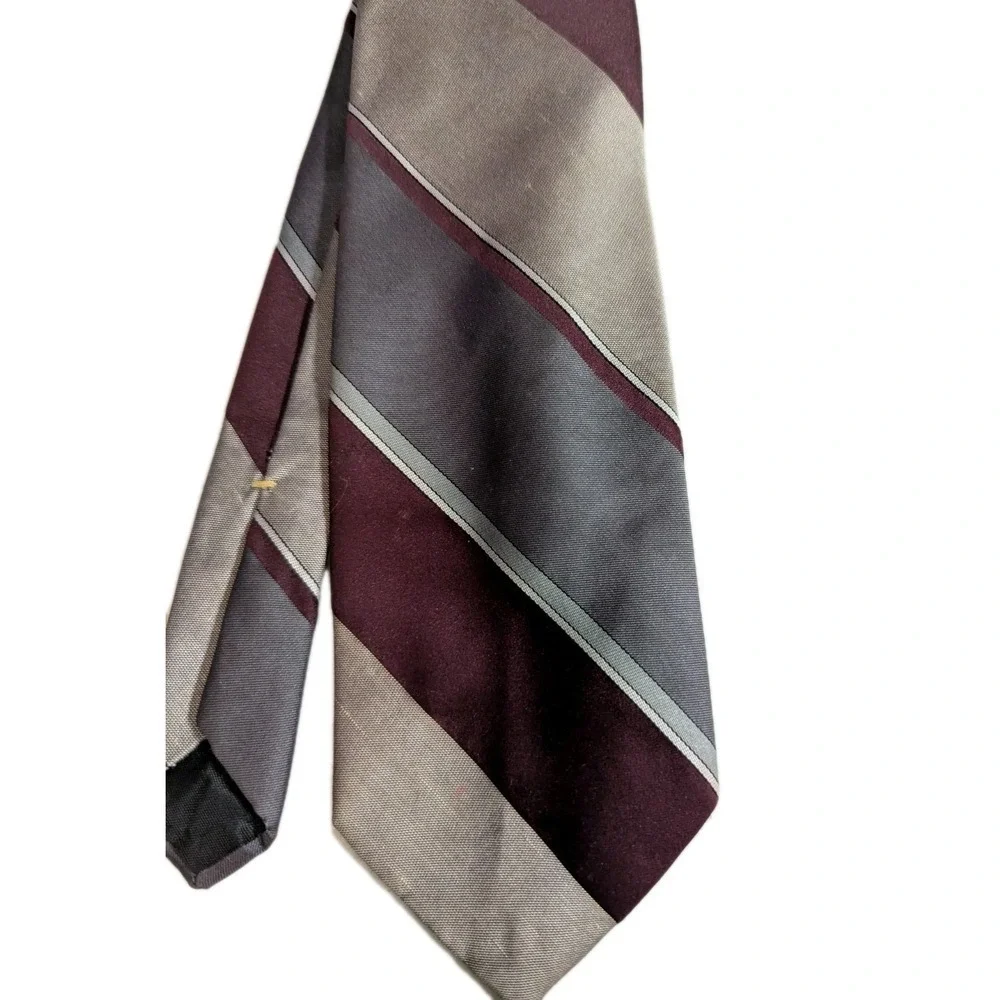 Vintage Wembley WemSilk Tie Mens Burgundy Grey Silver Striped Silk Blend Retro